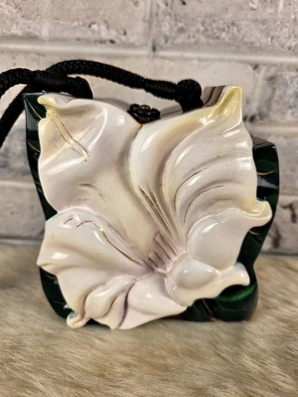 Timmy Woods White Flower Wooden Handbag Crossbody Brown & White
